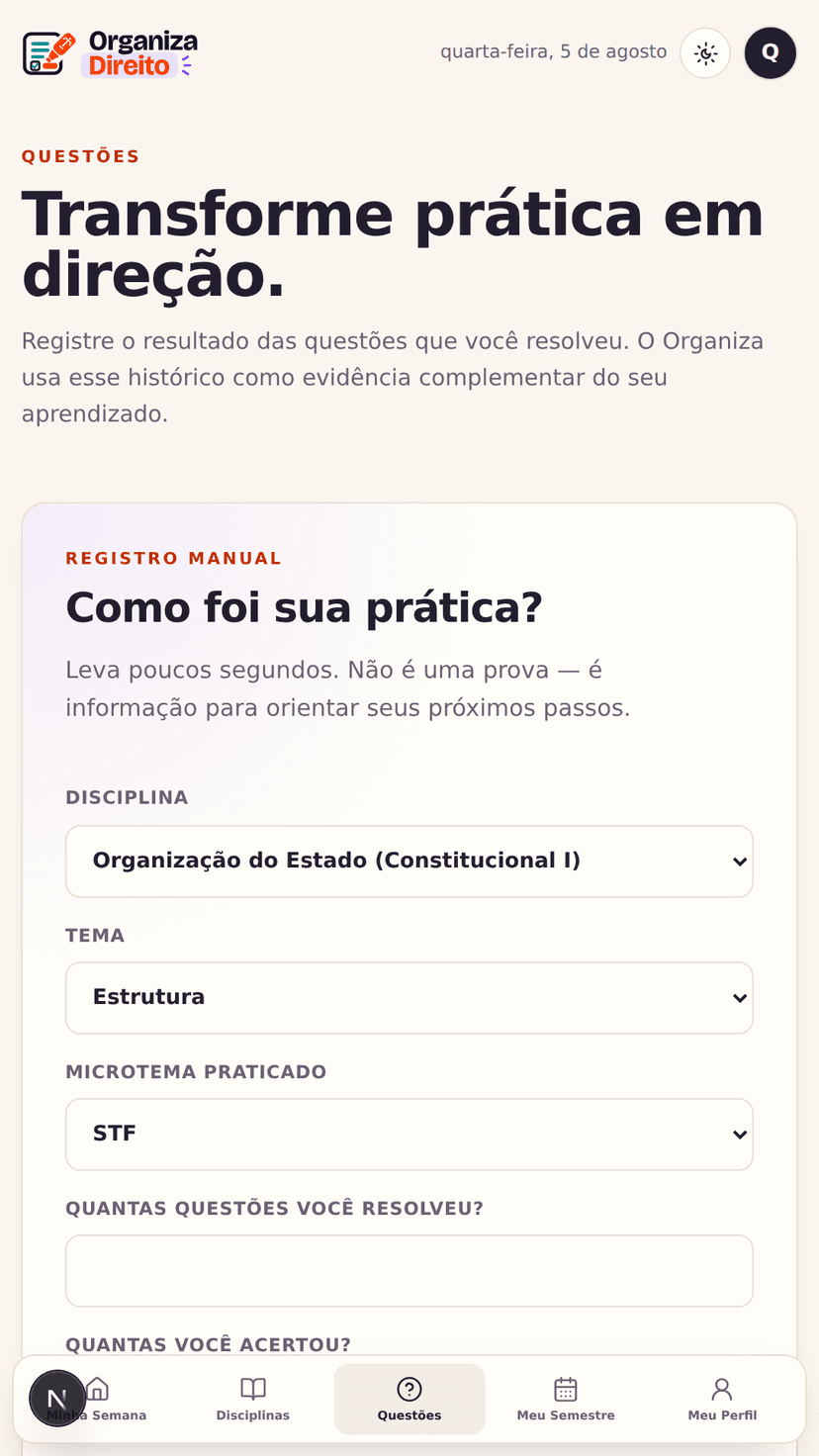 Registro de questões no Organiza Direito